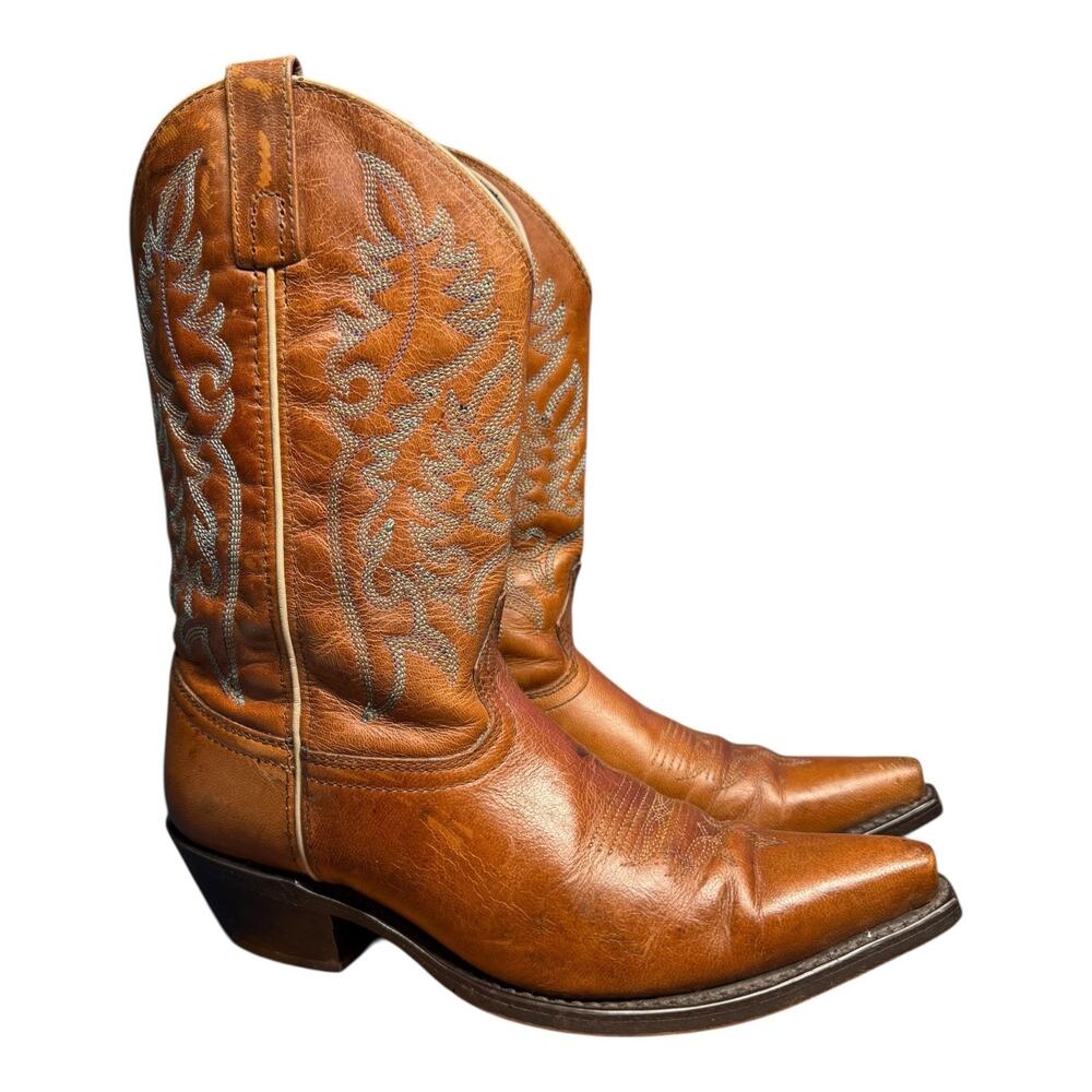 LAREDO Women's 8M Brown Leather Cowboy Pointed ToeBoots Turquoise Stitch Western - Picture 3 of 14